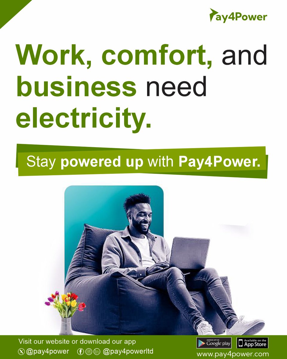 Pay4PowerLTD's tweet image. From work to relaxation, everything depends on steady electricity. 
Pay4Power helps you stay ready, no matter the plan.
Top up now and stay powered with Pay4power.
#PowerForLiving #Pay4PowerReliable #ElectricityForWork #StayPoweredDaily #PreparedLiving 
#EnergyThatWorks