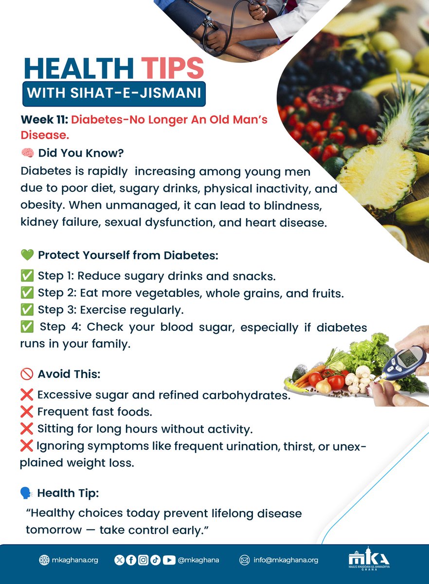 mkaghana's tweet image. Diabetes doesn’t wait for old age.
Eat smart. Move more. Check your sugar.

#HealthTips #DiabetesAwareness #SihatEJismani #HealthyLiving