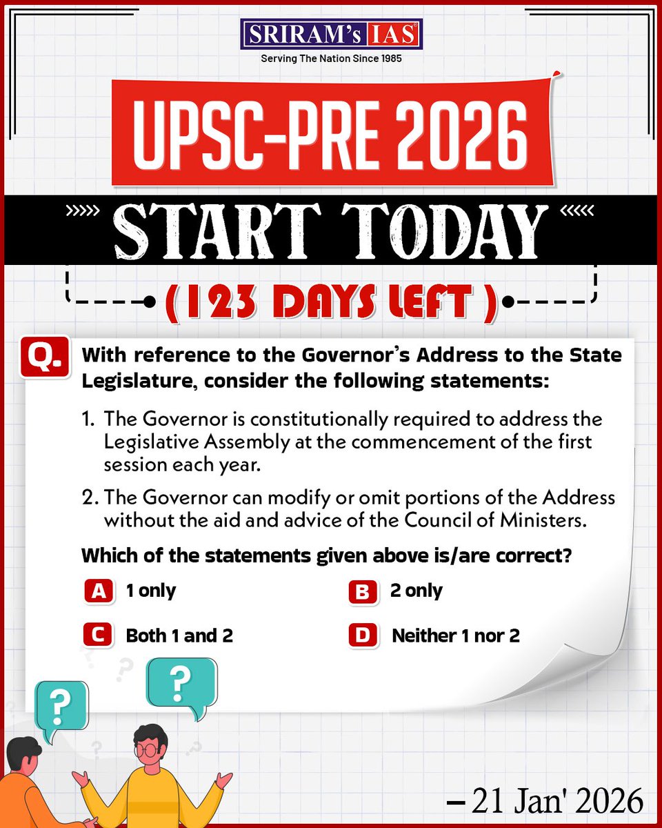 sriramsrirangm's tweet photo. โ๏ธ Prelims 2026 starts NOW ๐
Practice one high-quality, exam-oriented question every day and stay consistent till your exam day โผ๏ธ
Your discipline today = Your rank tomorrow ๐
๐ญAnswer in the comments & save for revision!
#upscpreparation #UPSCPrelims2026 #upscstudy https://t.co/D1hCjevYHw