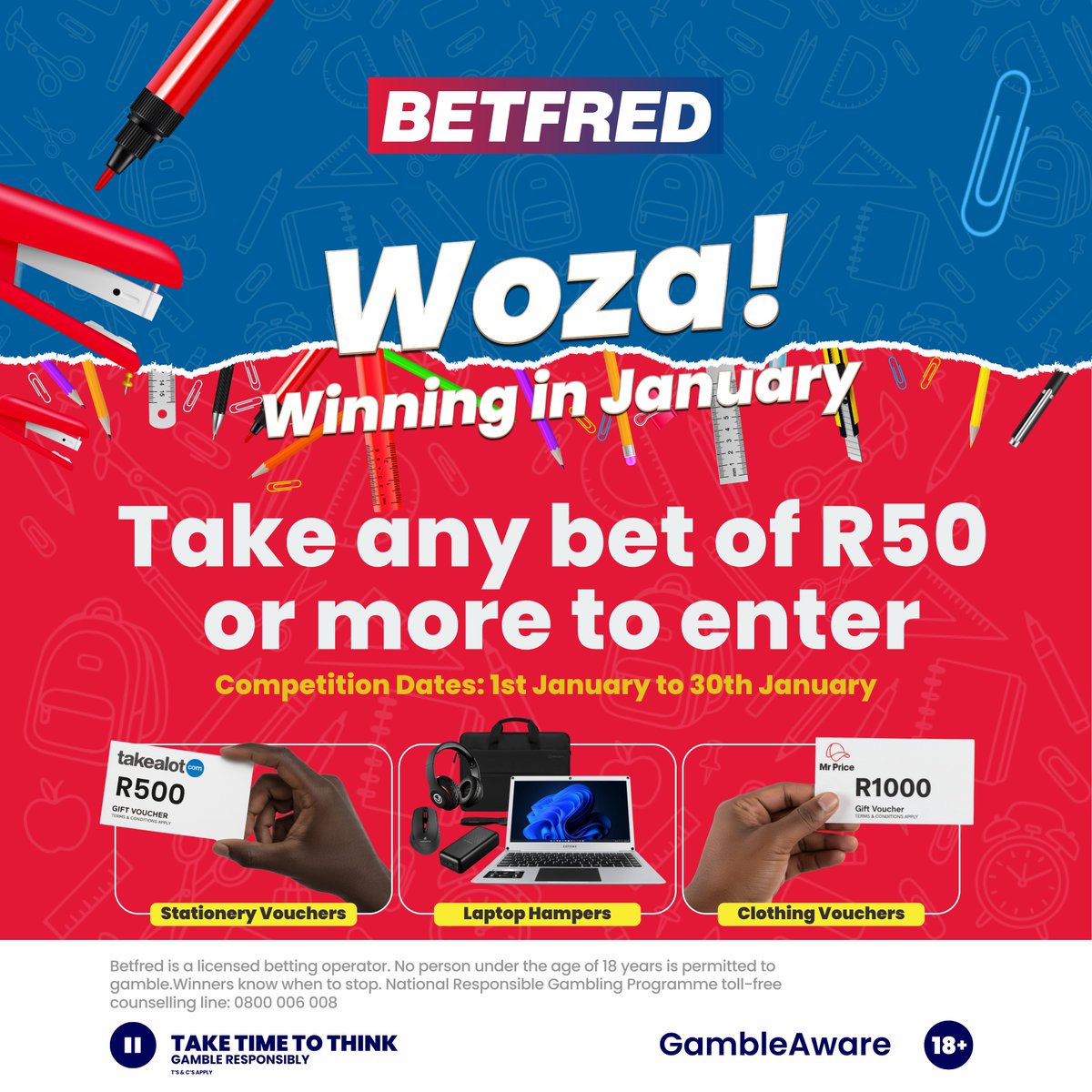 Betfred_sa's tweet image. Win Big This January! All it takes is a R50+ in-store bet to enter 💥
Scratch your entry and stand a chance to WIN weekly prizes until 30 January!
Laptop hampers, stationery vouchers &amp;amp; clothing vouchers are up for grabs 🎁
Who’s in? 👇

#BetfredSA #InStoreOnly #Promotion