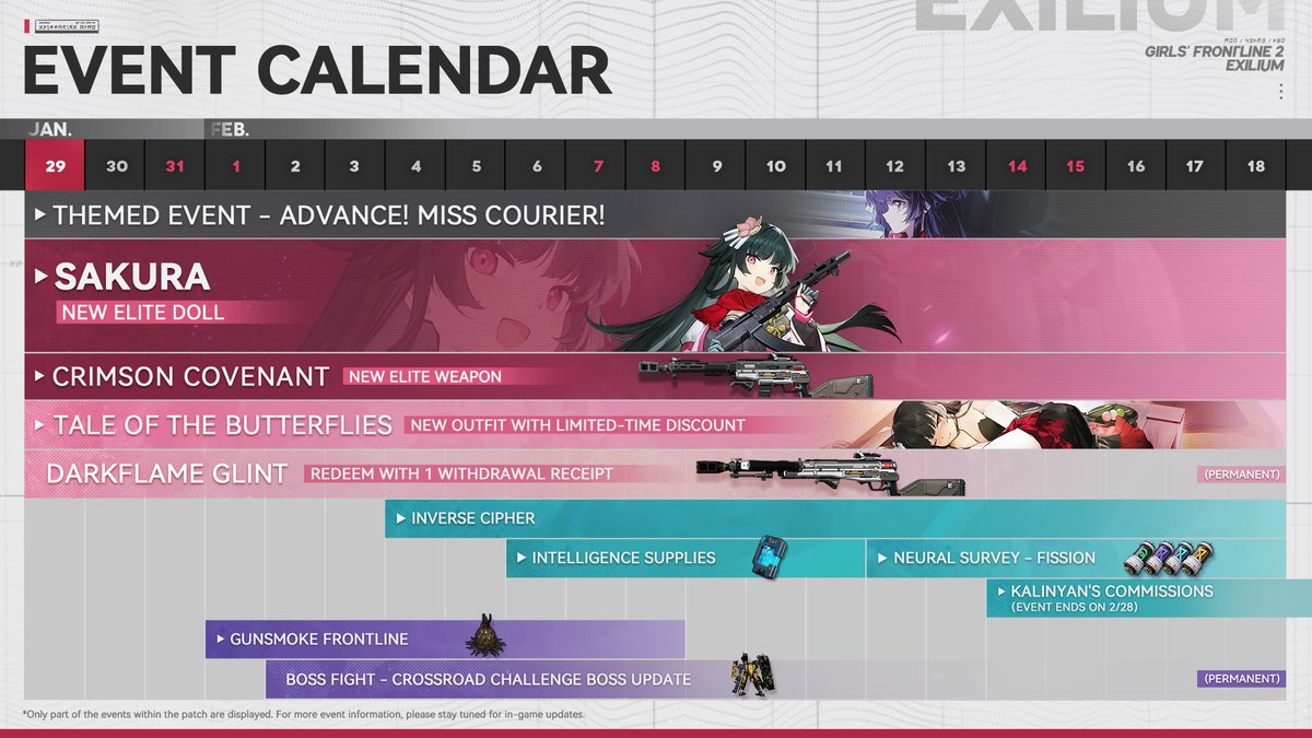 Event Calendar | Advance! Miss Courier!

Commander, here is the Event Calendar for the coming patch update! 

>> Download on mobile and PC: sunborn.onelink.me/fxKG/prall 
#GirlsFrontline2Exilium #gfl2exilium
