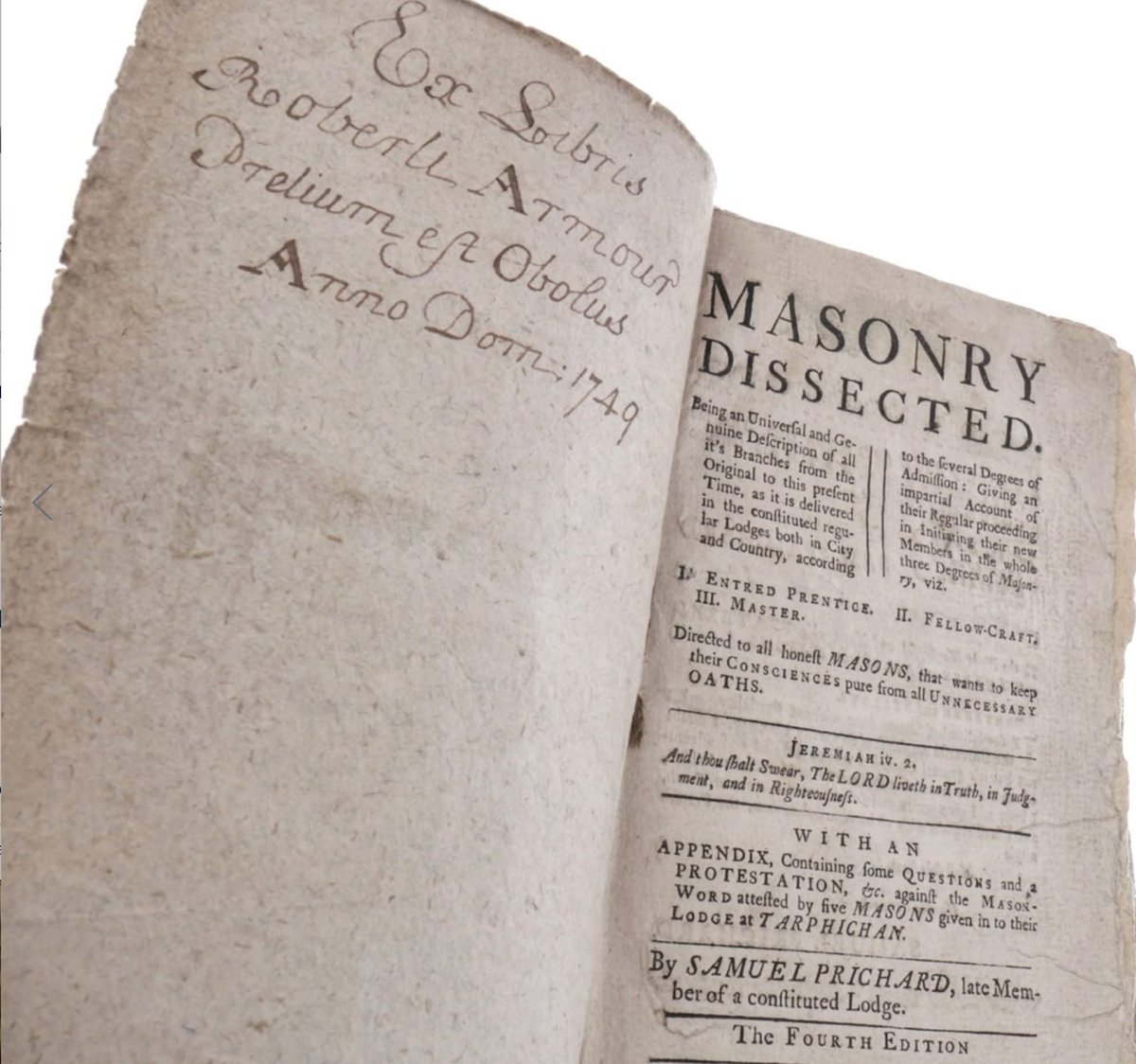 GranLogiaEspana's tweet photo. La obra «Masonería diseccionada» constituye el texto antimasónico más antiguo que se conoce. Fue publicado en 1730 por Samuel Prichard en forma de libro panfletario con la pretensión de desmitificar y ridiculizar los ritos y secretos de la incipiente masonería especulativa. #GLE https://t.co/FZ2jXXaAVg