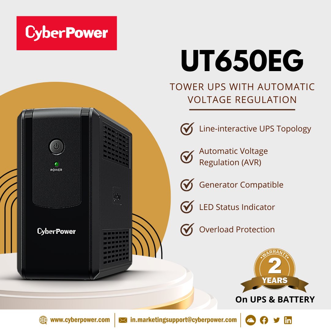 CyberPower UT650EG UPS, designed to provide home and office users with reliable battery backup and safeguard against surges, spikes, brownouts and other power incidents.
Protect your office PCs, network communication equipment and other electronic devices from power disruptions.