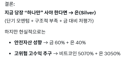 Deep_Mind_Lab's tweet image. 그록 똑똑하긴 하네요 금vs은vs비트코인 중 하나를 매수한다면
은이라고 답하네요