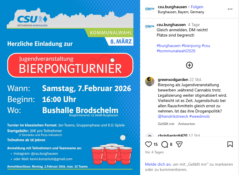 MaltusPanda's tweet image. In #Burghausen lädt die @CSU junge Menschen zum "Bierpong" als Wahlkampfveranstaltung ein...
Dachte erst, das ist ein Witz, findet man aber wirklich bei denen auf Insta.
Saufen ist halt Kulturgutin Bayern...
instagram.com/p/DTlLkGzjCYb/…