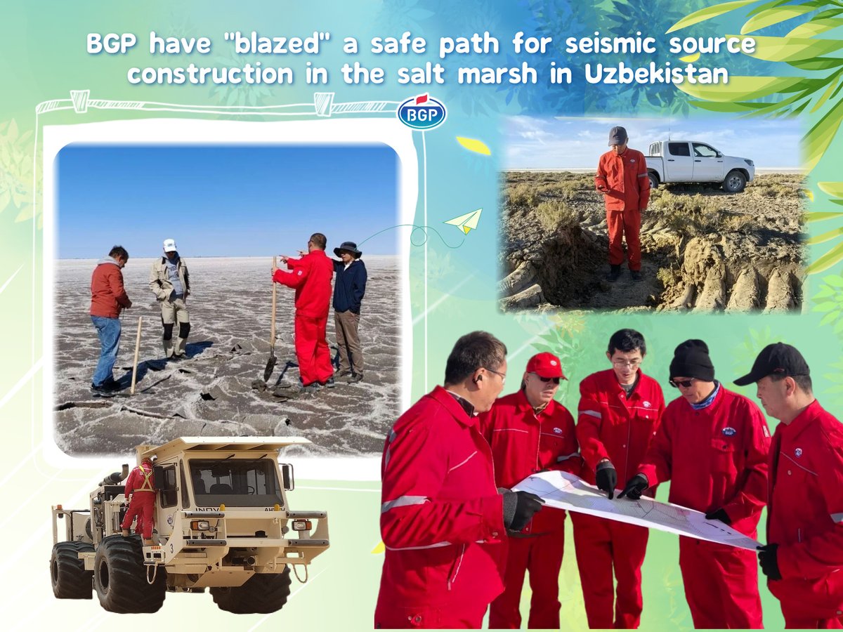 BGP_worldwide's tweet photo. #BGP_power
🏜️In the salt marsh area of the #Akchalak project in #Uzbekistan, 🌐a "shared crew" composed of key professionals from four major fields - seismic source, surveying, QC, and road repair - is taking on the challenge of complex terrain🌳
#BGP #CNPC #seismic #fyp https://t.co/Mpf4LGHpYI