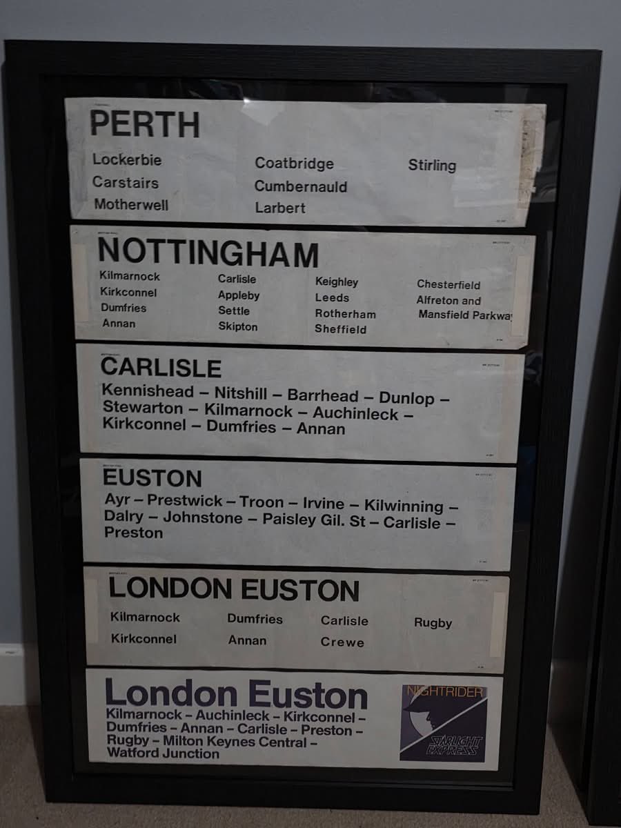 Some of the direct and named services we used to have to and from Scotland.
Some  good examples of old school window labels before we had the electronic wizardry. 
Credit : D Singleton