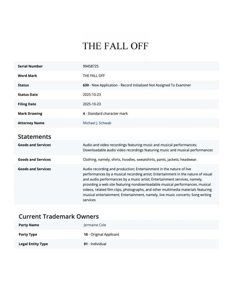 TINOISFUNNY's tweet image. • J. Cole quietly filed to trademark “The Fall Off”👀
• This happened months before the album was officially announced
• In hindsight, the filing acted as an early “leak”
• With the timing lining up, a possible tour announcement could be on the brink 

Cole playing chess, not…