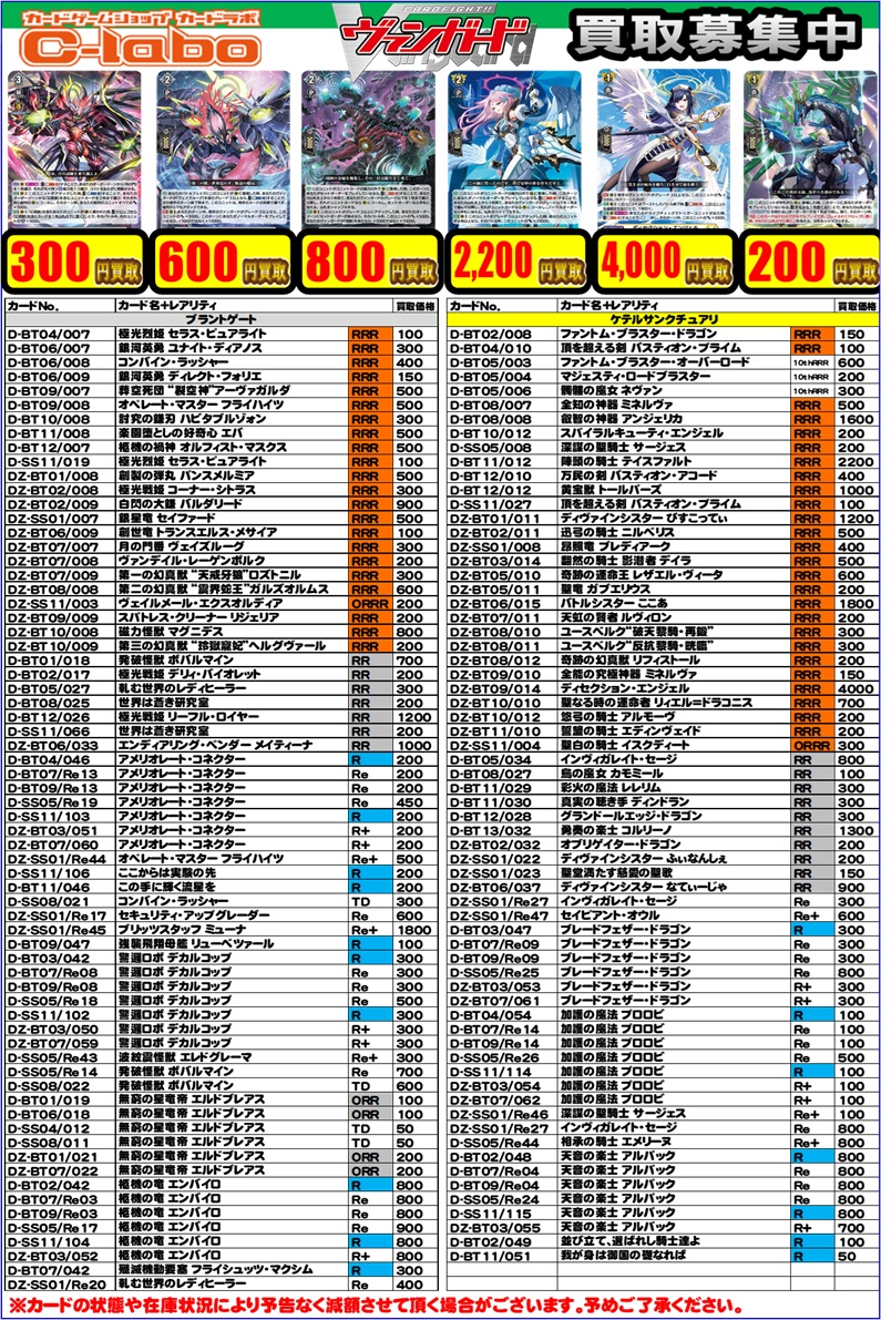 ヴァンガード 買取情報】 ヴァンガのデッキパーツの買取表になります