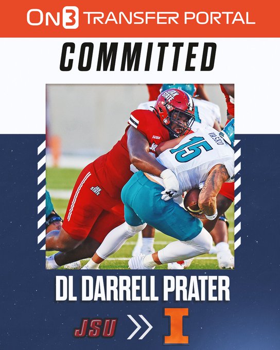 IllinoisRivals's tweet photo. Illinois signed Jacksonville State transfer defensive lineman Darrell Prater (@dprater_34). 

Prater:  “I’m excited to be an Illini and grateful for the opportunity. I’m ready to work, compete, and give everything I have for this team."   #Illini.  

Details:  https://t.co/TUOROuT81z