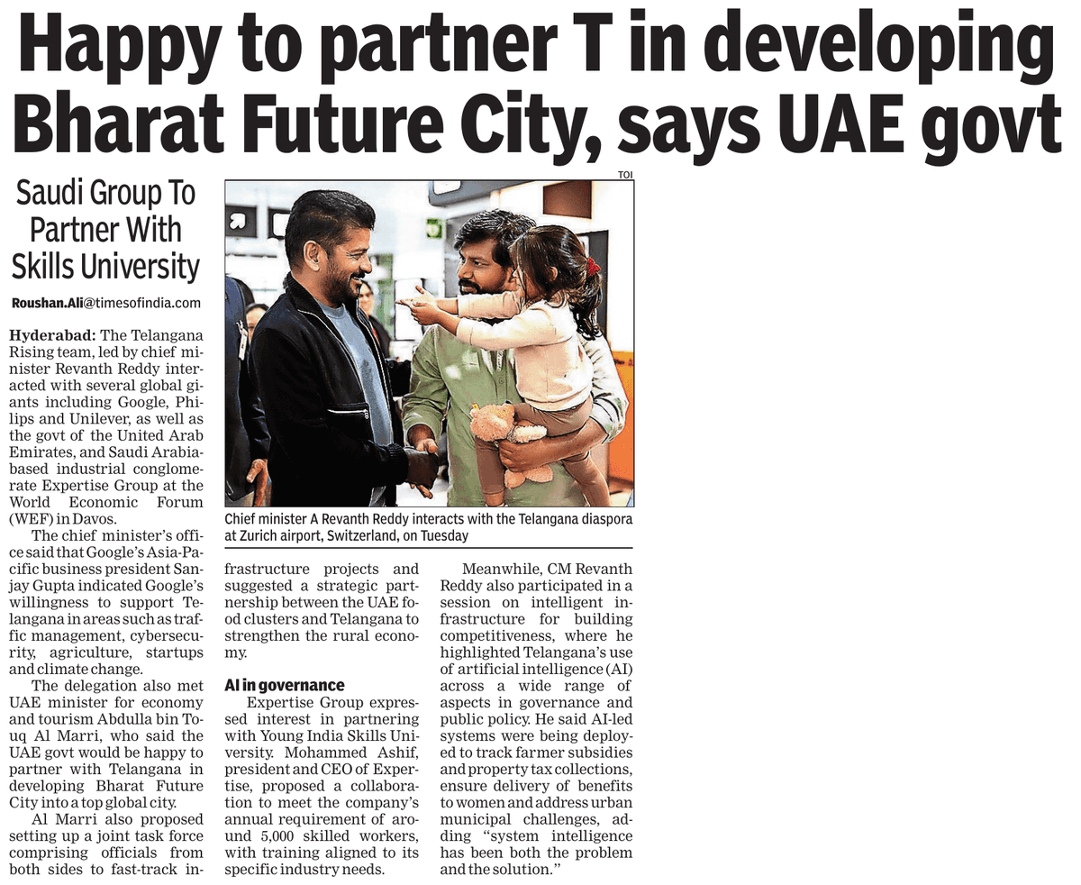 abhinavaduri9's tweet image. WEF #Davos

#Google backs AI, cyber &amp;amp; startups; #RoyalPhilips plans AI healthcare hub; #Unilever explores GCC.

#UAE shows interest in Future City; AI, GCCs &amp;amp; skills partnerships in focus.

#Hyderabad #TelanganaRising