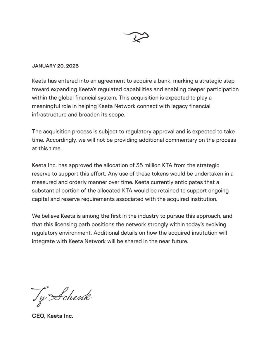 cryptodotnews's tweet image. NEWS: @KeetaNetwork to acquire a bank, with 35M $KTA (~$9M) allocated from its strategic reserves to support the effort.