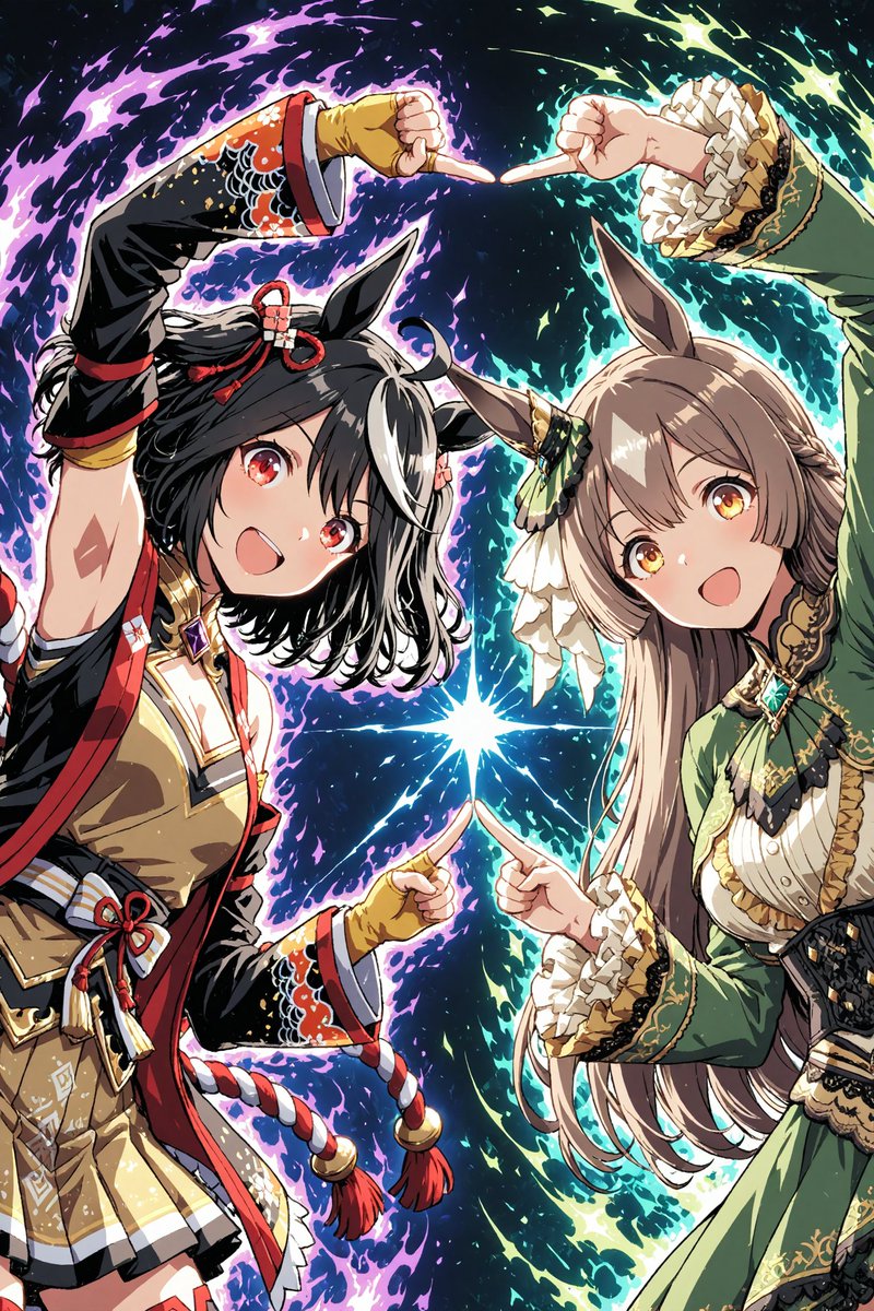 今日はライバルが手を結ぶ日だそうです✨
キタサンブラック | Kitasan Black
サトノダイヤモンド | Satono Diamond

ウマ娘プリティーダービー / Uma Musume Pretty Derby
SFW anime-style AI illustration fanart.