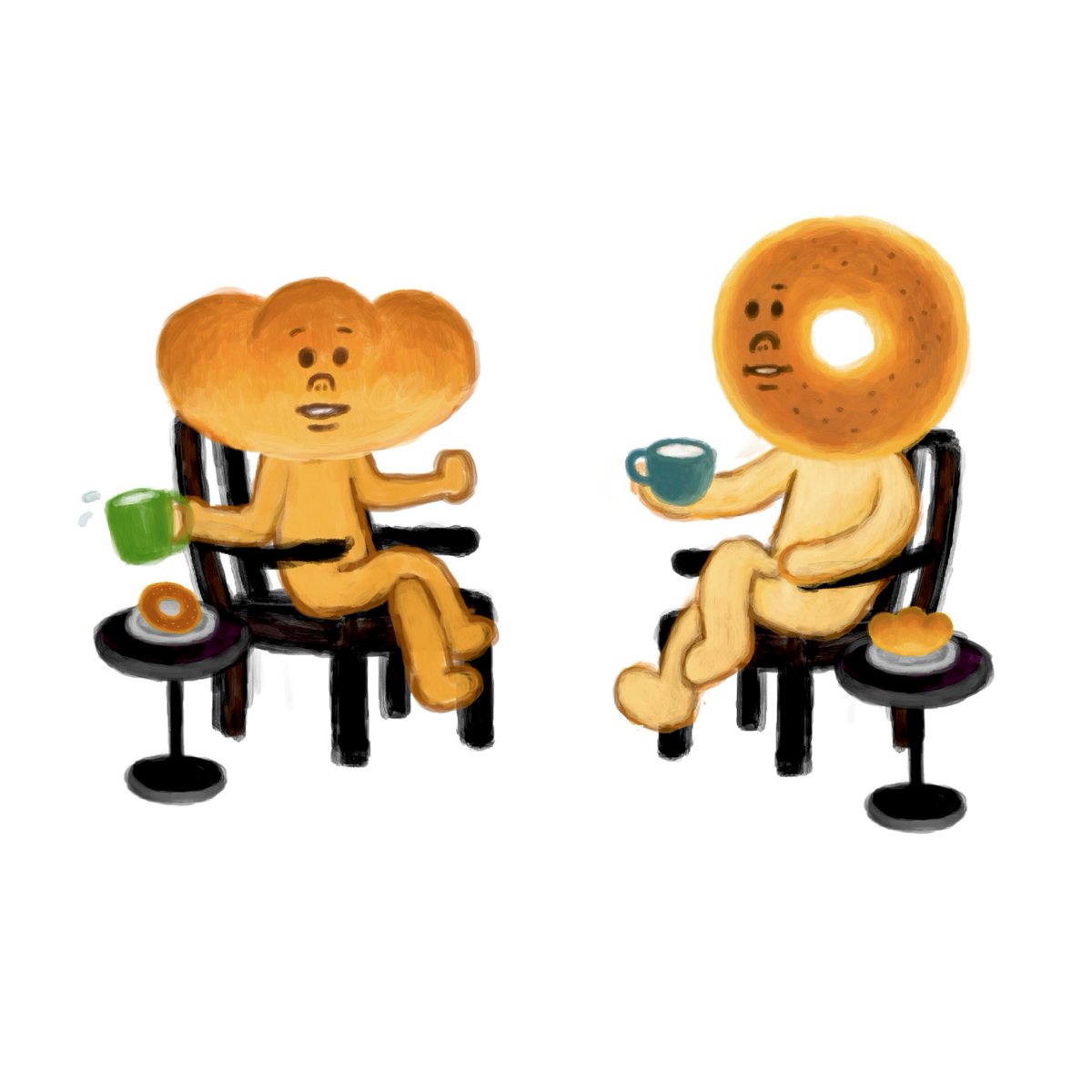 コッペくん「ドーナツはまあくてホッとする味だねー！僕はとっても好きさ！」
ドーナツくん「いやいや、コッペパンは素朴な味で飽きないよ。毎日食べてれるよ。僕も大好きさ！」