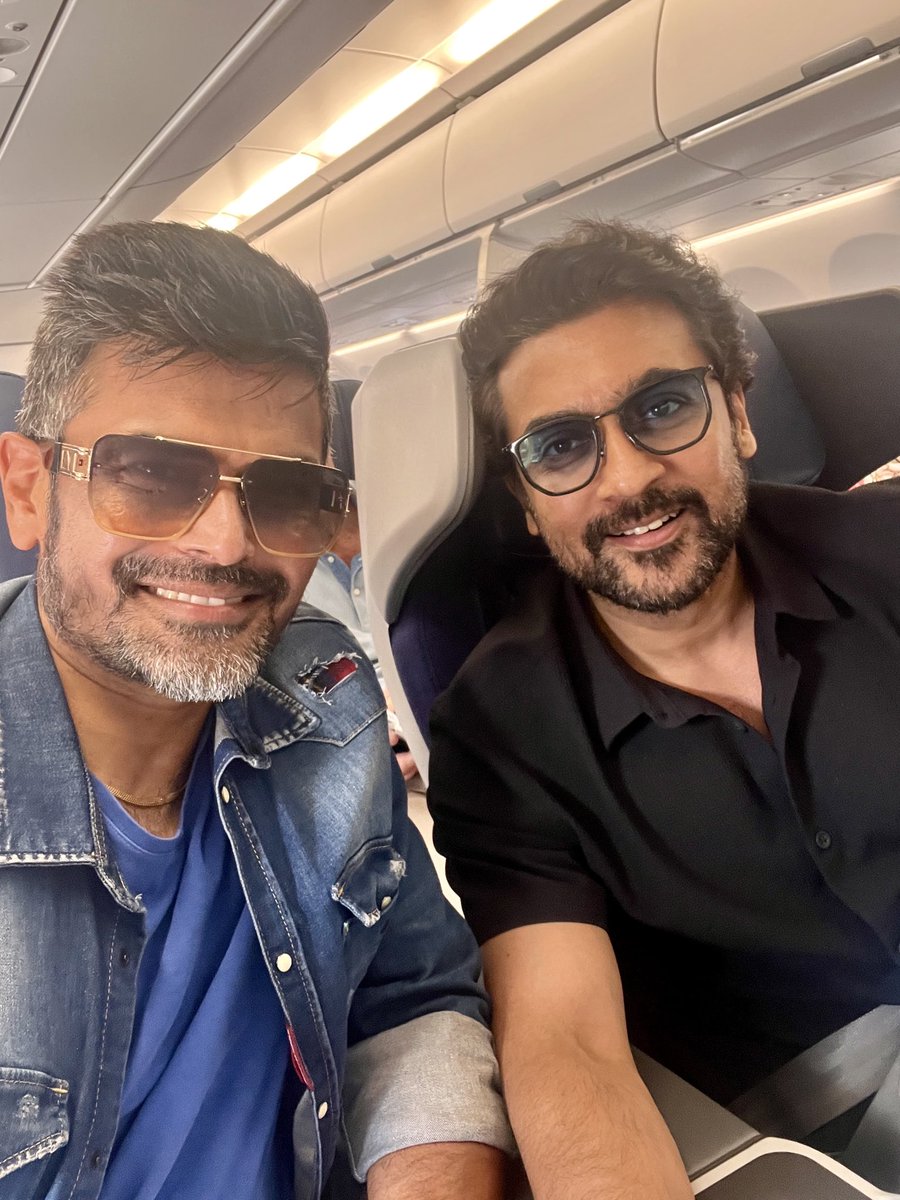 s_badrinath's tweet photo. Bonded over our favourite cricketer at 30,000 feet 😄🏏 @Suriya_offl 🙌 https://t.co/tT2MppThyO