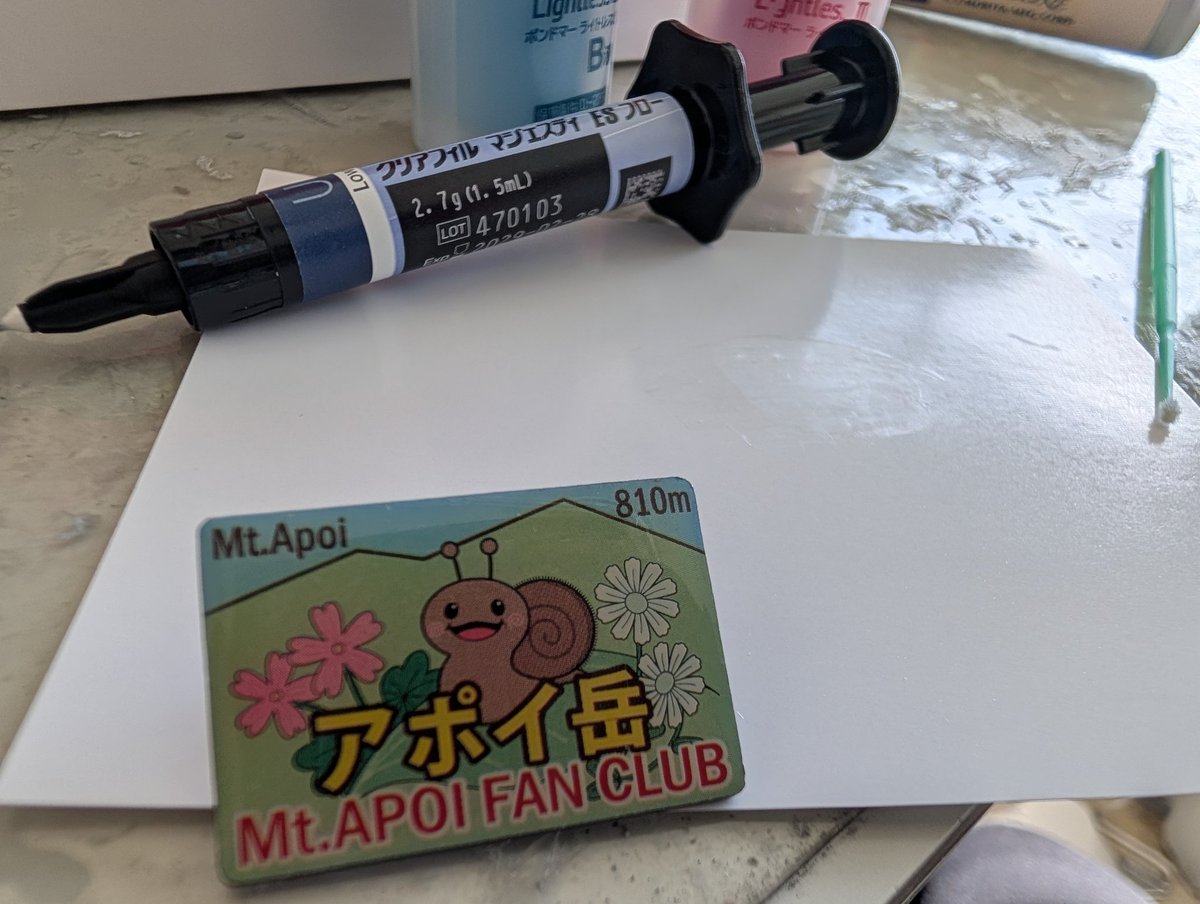 Quarry_Entei's tweet image. お気に入りのアポイ岳バッジがピンの部分でもげたので歯科材料で修復したった！

メタルプライマーも使ったし多分いけるやろ👍️