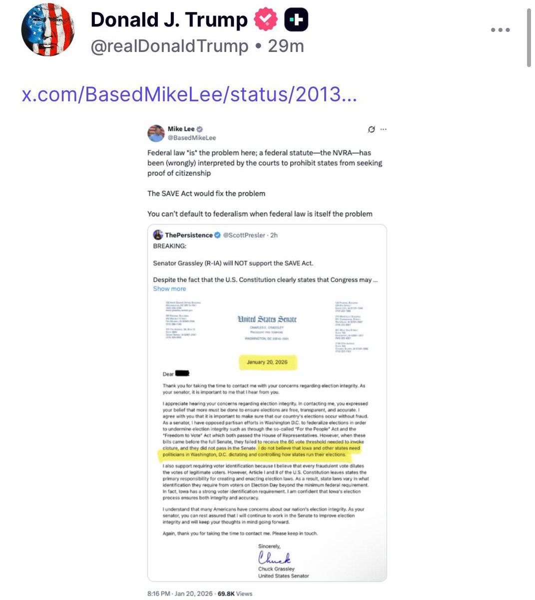 BasedMikeLee's tweet image. My friend—the one who’s kind of a big deal—really liked my post about why the SAVE Act is both necessary and an appropriate exercise of federal power

President Trump gets it

The Senate must pass the SAVE Act ASAP

Please share if you agree
