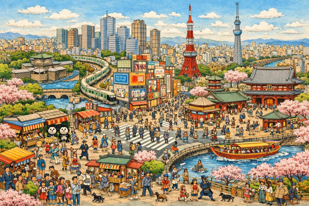 dangomushino's tweet photo. Generated by ChatGPT
プロンプト例:「ウィンメル絵本風、日本だと洛中洛外図みたいな方式の絵で今の東京をイラストスタイルで描いてみて。探せば色々な人物がいると面白い。」
結構細かい書き込み。chatGPTってこういうのも出来たんだな。
#AIart #生成実験 #prompt公開 #GPTCreated https://t.co/ojs3V9oJc6