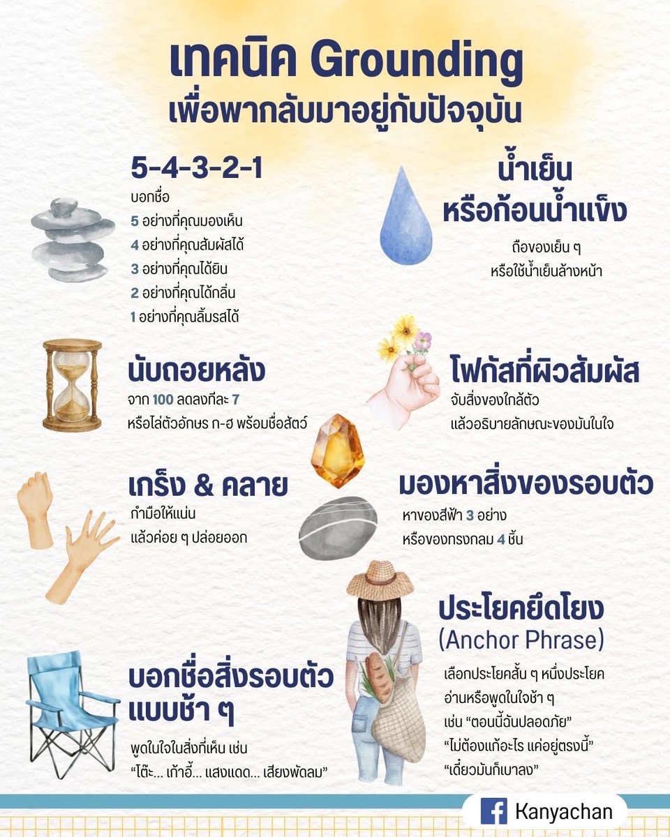 Grounding คืออะไร....

Grounding คือการพาตัวเองกลับมาอยู่กับปัจจุบัน
ผ่านการรับรู้ร่างกายและสิ่งที่อยู่รอบตัวอย่างตรงไปตรงมา

เป็นการเชื่อม 'ใจ' ให้กลับมาอยู่กับ 'ร่างกาย'
ด้วยประสาทสัมผัสพื้นฐานที่เรามีอยู่แล้ว เช่น การมองเห็น การได้ยิน การสัมผัส หรือการเคลื่อนไหวเล็ก ๆ