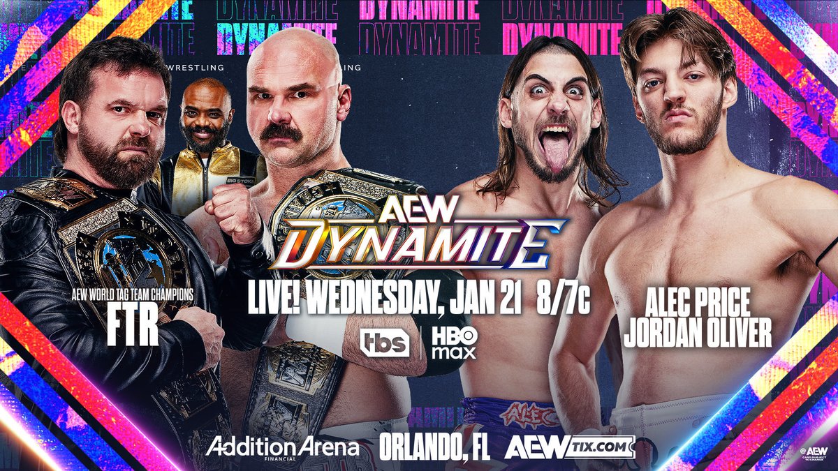 TonyKhan's tweet image. Wednesday Night #AEWDynamite
Orlando, FL
8/7c, TBS + HBO Max
TOMORROW 1/21

AEW World Tag Team Champions FTR vs @ThePrizeCityOG/@TheJordanOIiver

1 week before their title fight vs Don Callis Family's Davis + Doyle, FTR battle rising young team Alec Price/Jordan Oliver TOMORROW!