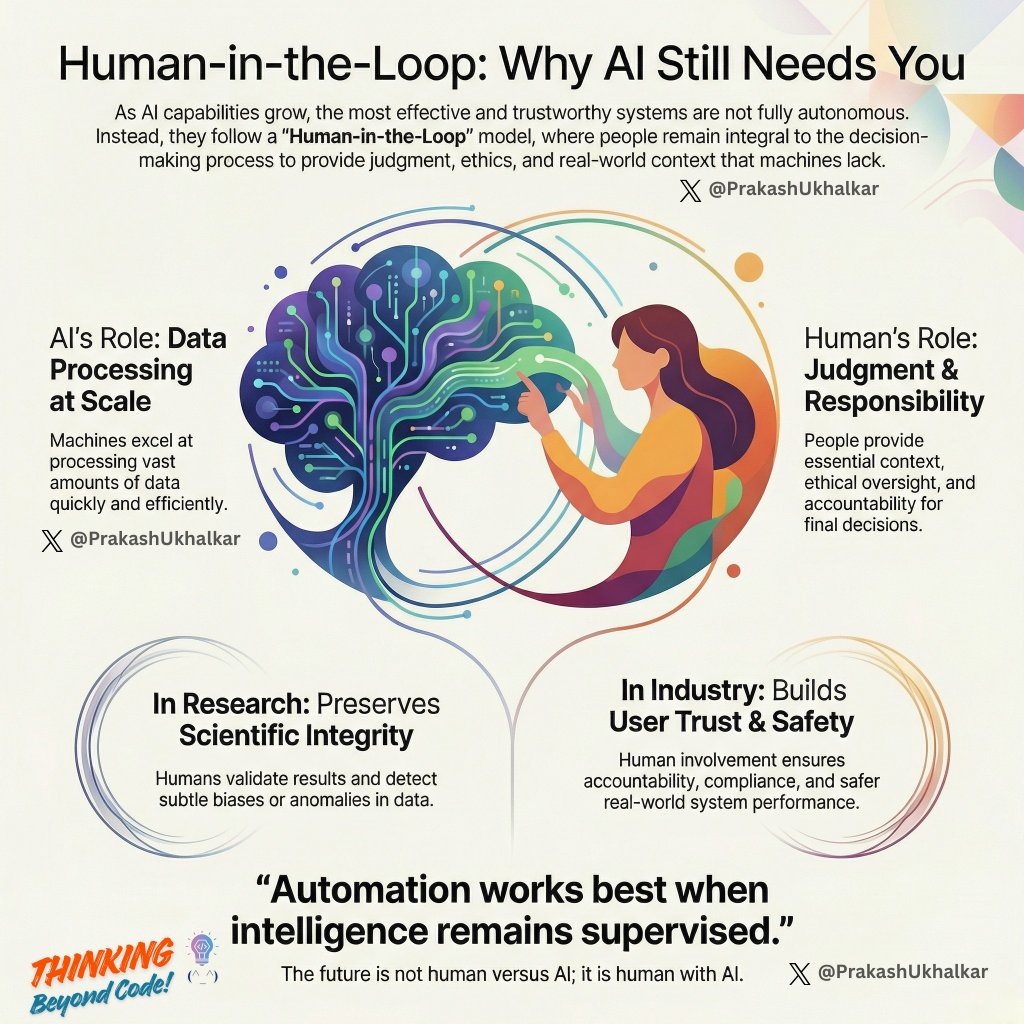 PrakashUkhalkar's tweet photo. AI can automate decisions. 
Humans must remain accountable for them. 

Human-in-the-loop systems keep AI safe, fair, and trustworthy. 

Thinking Beyond Code. (^_^) 

#HumanElement 
#HumanInTheLoop 
#ResponsibleAI 
#TrustInTechnology 
#ThinkingBeyondCode https://t.co/OlBEURuplC