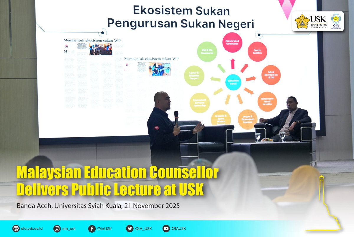 GEO_USK's tweet photo. The FKIP USK hosted a public lecture titled “Malaysia’s Sports Development and Diplomacy: From Policy to the Global Arena", 21 November 2025. The session featured Dr. Hasnul Faizal Bin Hushin Amri, Education Counsellor of EMI at the Embassy of Malaysia in Jakarta. https://t.co/L9WLMK4O20