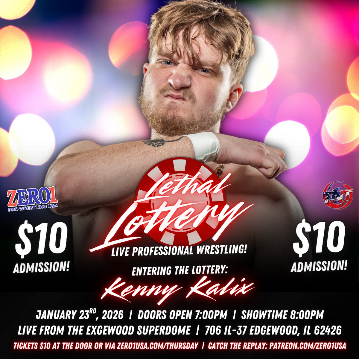 Zero1USAcom's tweet image. 🔥 TALENT ANNOUNCEMENTS 🔥

The following competitors are OFFICIAL for this Friday’s LETHAL LOTTERY field:

TNT Champ Lonzo Romero
Z1USA Heavyweight Champ Victor Analog
“Tooth Out Of Line” Kenny Kalix
“QP” Quest Parker

💥 LETHAL LOTTERY 💥
📆 Friday, January 23rd, 2026
⏱️ Doors…