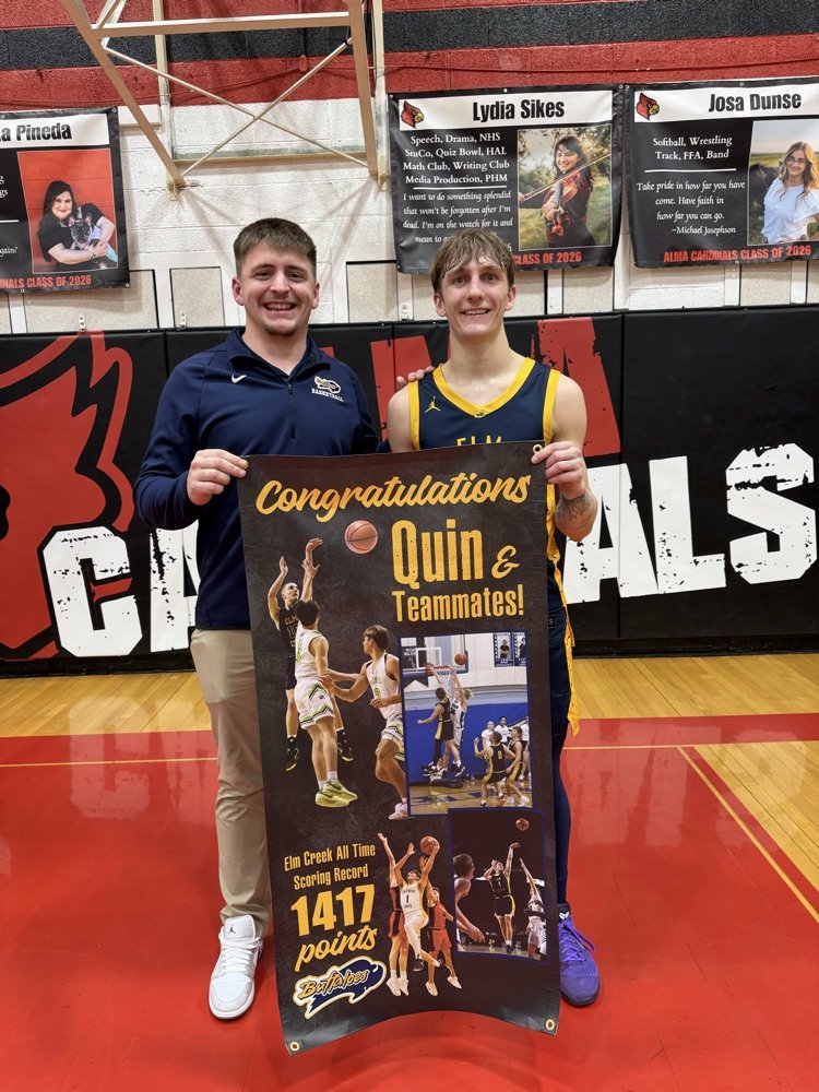 ElmCreekBuffs's tweet image. Quin sets a new Buffs career scoring record with 1417 points. The previous record holder is Coach Trey Miner. Great job Q!