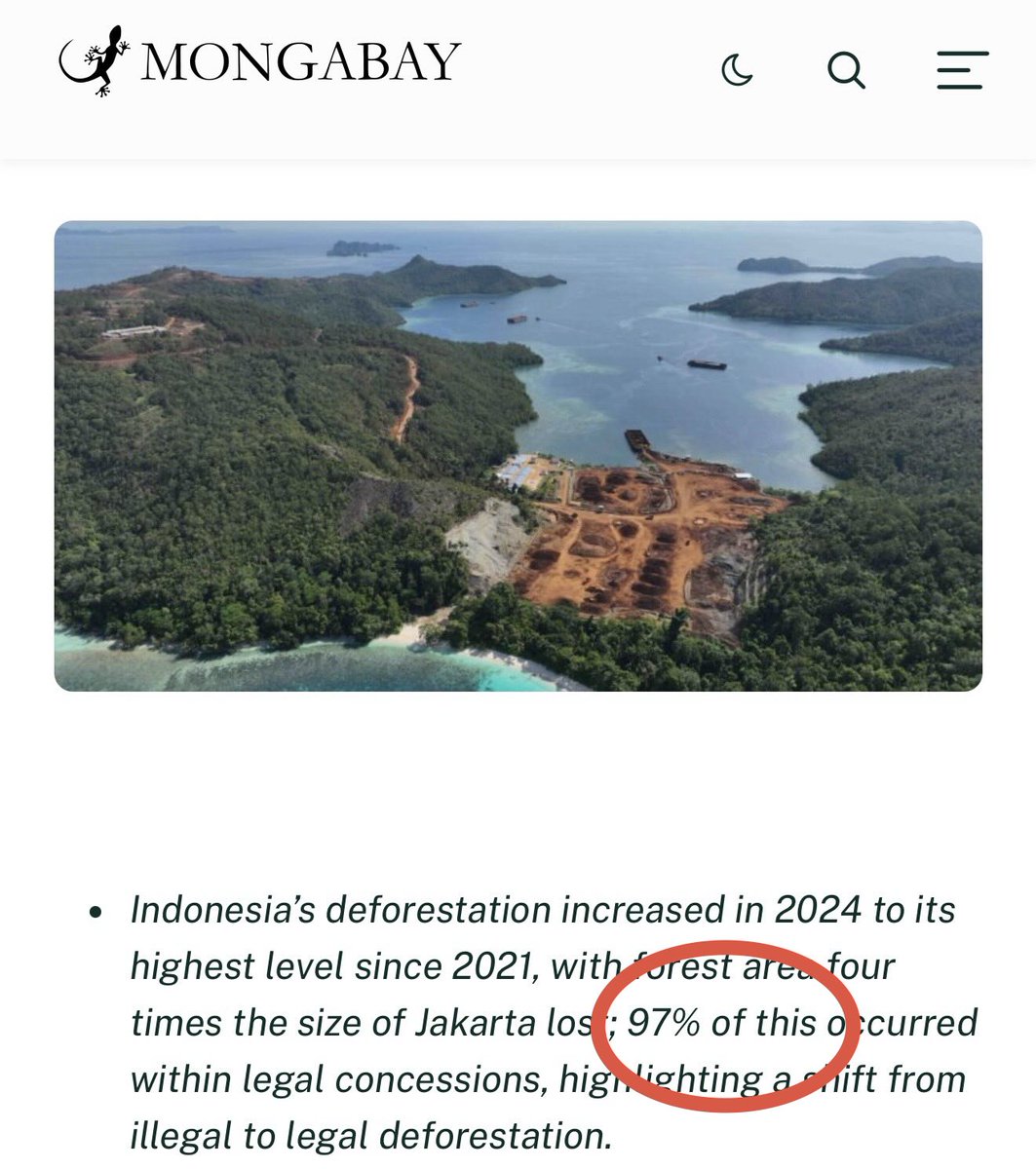 The Ministry of Forestry is questioning the claim made by Anies Baswedan, the former Governor of Jakarta, that 97% of deforestation in Indonesia is legal.  

Isn’t this already publicly known? 

nasional.kompas.com/read/2026/01/2…

news.mongabay.com/2025/02/surge-…