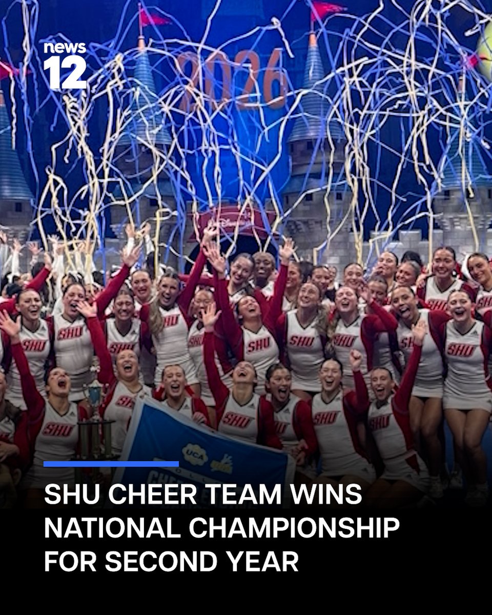 News12CT's tweet photo. PYRAMID OF SUCCESS: Sacred Heart University's cheer team won the national championship for the second straight year.
#News12 #Connecticut #SacredHeartUniversity #CheerTeam #NationalChampionship #News #LocalNews
https://t.co/3nX05c7LzT https://t.co/JkPMPJyprw