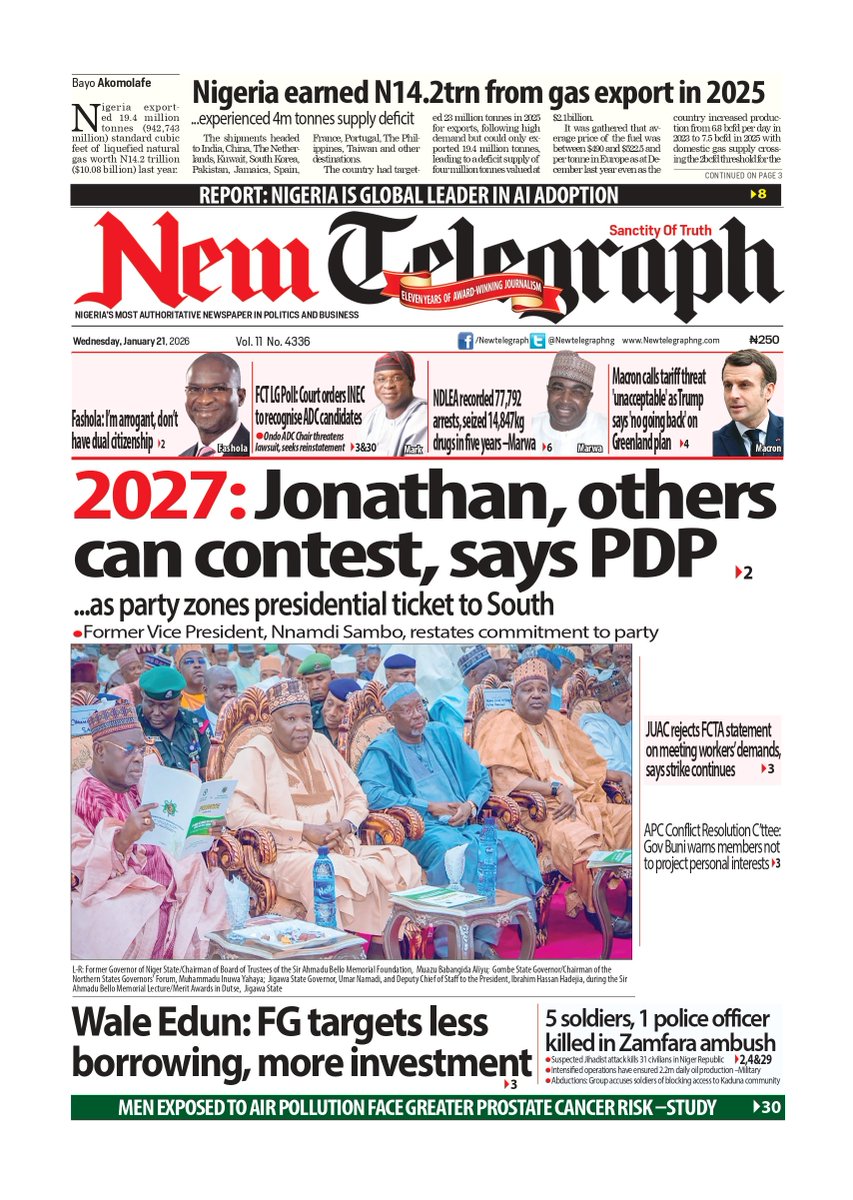 NewTelegraphNIG's tweet photo. 🗞️ https://t.co/TgsCvspJvN
Wednesday’s headlines are live. Midweek brings clarity, the insight behind the decisions, and the stories shaping Nigeria’s direction
#NewTelegraph #NigeriaNews #Headlines #MidweekUpdate #NaijaUpdates #BreakingNews #PressForProgress #StayInformed https://t.co/N57PSvmTG6