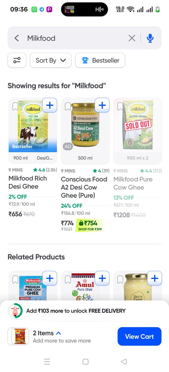 GURSIMRN1996's tweet photo. @instamart_it chor bazar
@ZeptoNow rate of Milkfood desi ghee is 531₹ &amp; #Swiggy is selling at 656₹ https://t.co/o9hiNrslzn