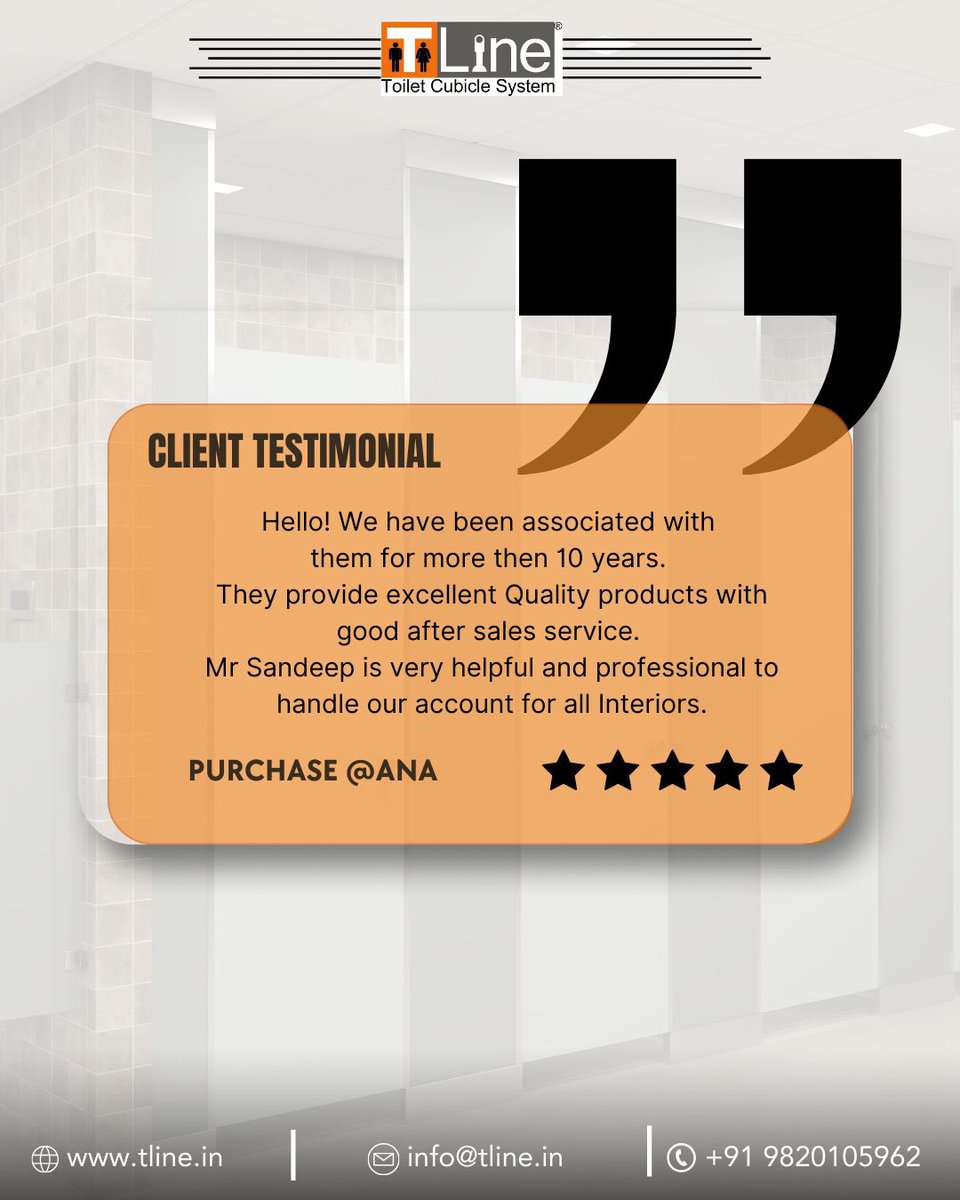 TLineinnerspace's tweet image. Nothing motivates us more than our clients’ words.
Trusted by clients. Proven by experience. Thank you for trusting T-Line for over a decade 🤝

tline.in

#TLine #ToiletCubicles #RestroomPartitions #ShowerCubicles #WashroomUpgrade #ArchitectsChoice #ClientReview