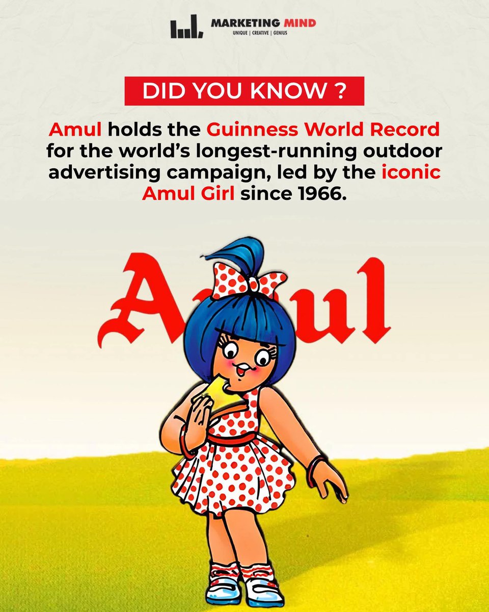 MarketingMind_'s tweet image. The “Utterly Butterly Delicious” campaign, started in 1966, has stayed relevant for 60 years while keeping its original mascot and core idea.

#MarketingMind #Amul