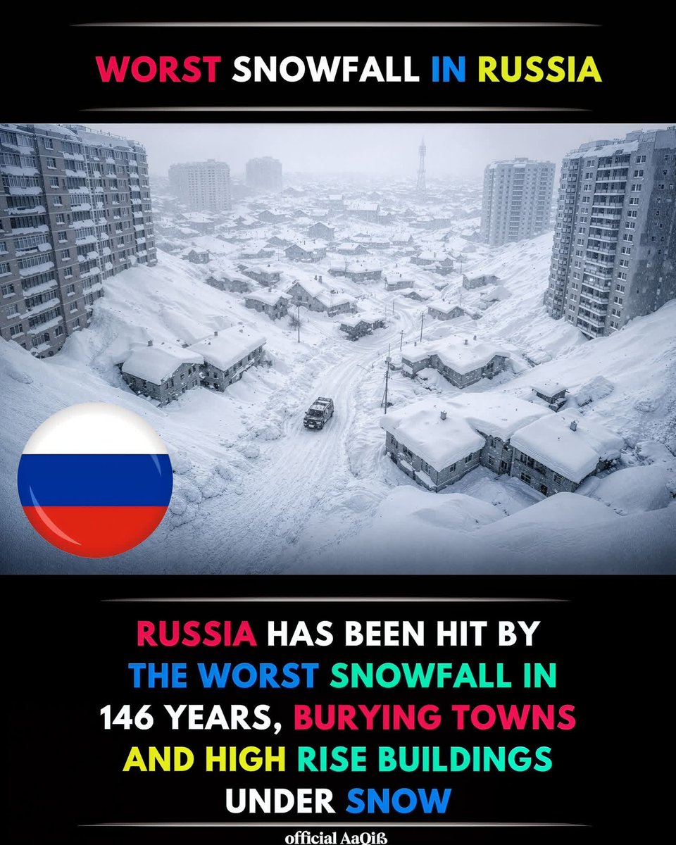 Laraib_Fatiima's tweet photo. Russia experienced its heaviest snowfall in 146 years, with massive snow accumulation burying towns, roads, and even high-rise buildings, disrupting daily life and infrastructure.
#Russia
#Snowfall
#ExtremeWeather
#WinterStorm
#ClimateEvents
#HeavySnow
#NaturalDisaster
#WeatherUpdate