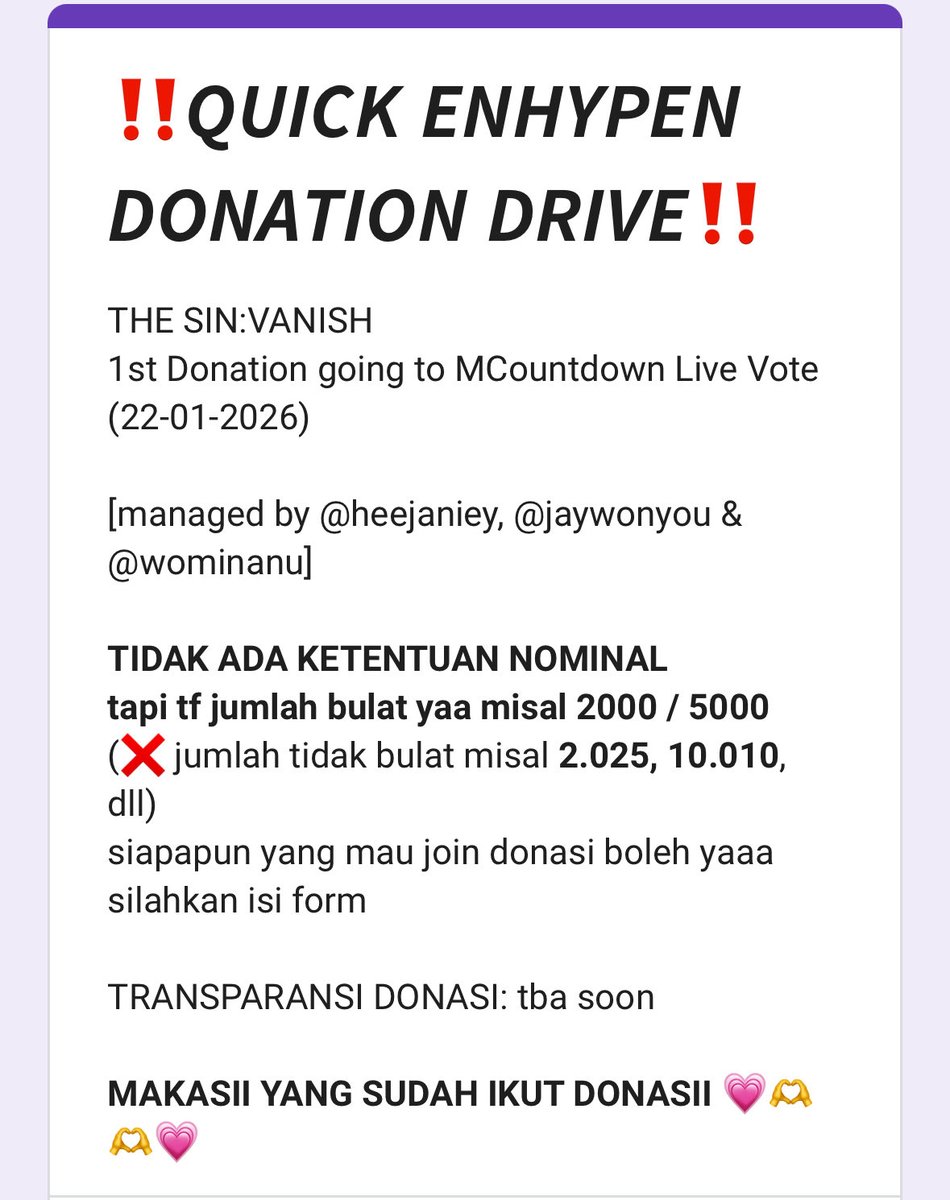 jaywonyou's tweet image. TEMAN2 TOLONG BANTU RT DAN SEBARKAN YA‼️

kita udh menang mubank, tp kita msh ada live voting di mcountdown! yuk yg gk sempat mulung boleh bgt bantu donasi disini! kita harus menang di live vote!!!!! 

1 DAY LEFT LET’S GOOO ‼️‼️

🔗: bit.ly/donate-thesin-…