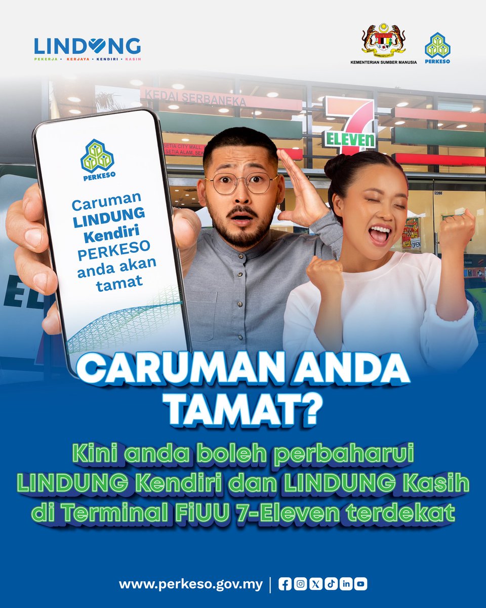 PERKESOofficial's tweet photo. Perbaharui LINDUNG Kendiri dan LINDUNG Kasih PERKESO di Terminal FiUU 7-Eleven terdekat!

Jangan tunggu sampai perlindungan terhenti baru nak bertindak.

Singgah. Perbaharui.
Teruskan perlindungan untuk diri &amp; keluarga. 💙

#LindungKendiri
#LindungKasih
#PERKESOPrihatin https://t.co/UIdjM8w1Th