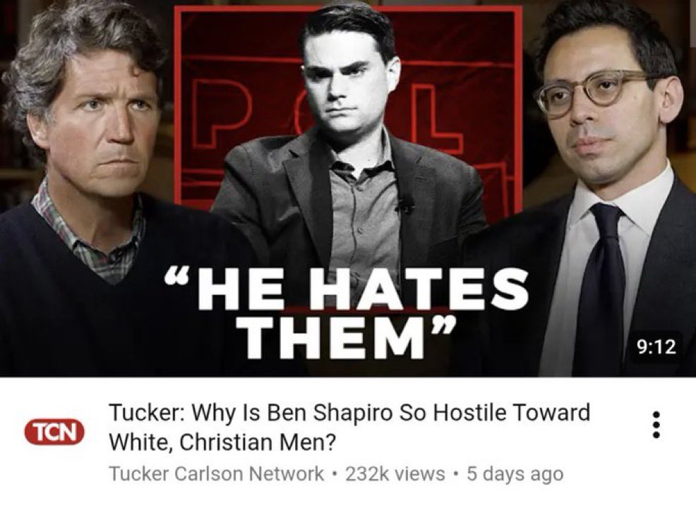 EYakoby's tweet image. Tucker Carlson: “Why is Ben Shapiro so hostile toward white, Christian men?”

Ben Shapiro: “We need to bring people back to Christ, and bring people back to church, and back to biblical values.”