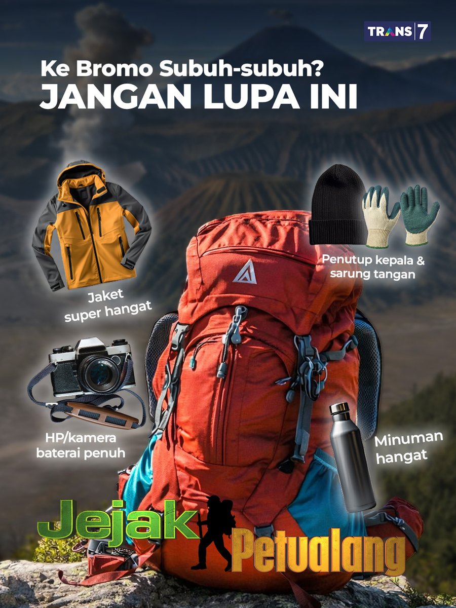 TRANS7's tweet image. Siapa yang mau hunting sunrise di Bromo? Nih Mimin kasih list barangnya yang harus kalian bawa🌄😉

#TRANS7Zone