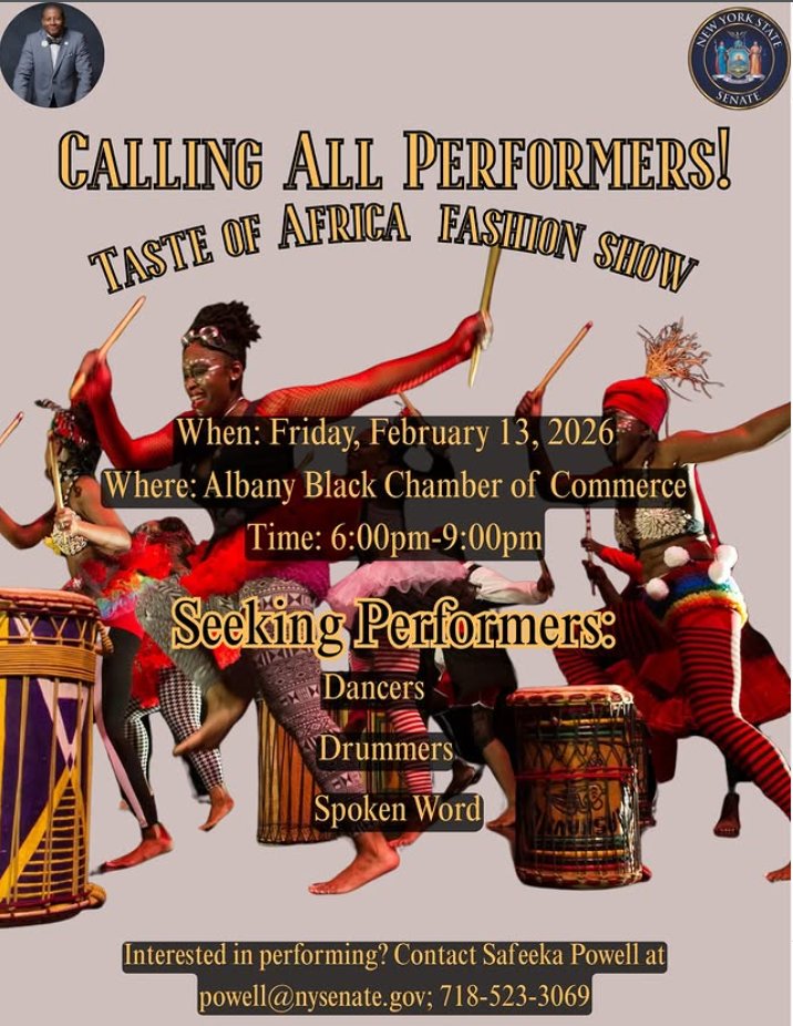 JSandersNYC's tweet image. Calling All Dancers 💃
Drummers
Poets....

We're Seeking Talented creatives for
"Taste Of Africa Fashion Show" to be held in Albany, NY
Friday February 13, 2026

Albany Black Chamber of Commerce
6PM - 9PM

Call Safeeka Now!!! 718 523 3069
#Dancers #Drummers #Poet #Africa