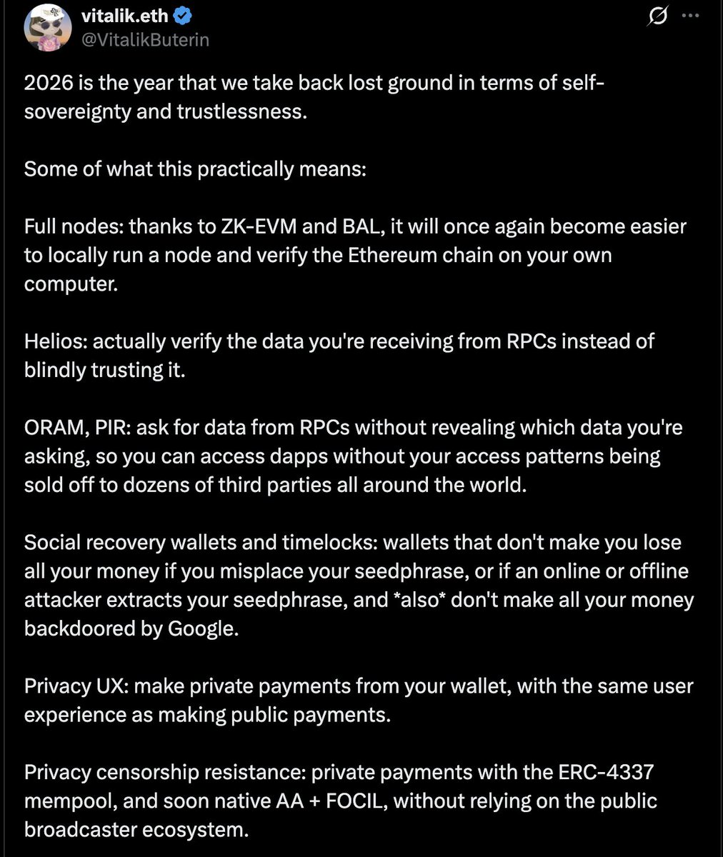 josnhathuy's tweet photo. Vitalik Buterin tuyên bố, năm 2026 sẽ là năm $Eth "lấy lại lãnh thổ đã mất" về quyền tự chủ và tính không tin cậy
? AE có đang mua $ETH

💎 Các điểm nổi bật:
- Thúc đẩy thanh toán cá nhân. 
- Giúp việc vận hành các node trở nên dễ dàng hơn. 
- Xây dựng các ứng dụng phi tập trung thực sự, không phụ thuộc vào máy chủ tập trung. 
- Giúp người dùng kiểm soát tốt hơn dữ liệu và tài sản của họ...

☑️ Data $ETH time qua cũng RẤT tích cực
- Trung bình 7 ngày lên 2,43 triệu giao dịch
- Whales, quỹ tổ chức tích cực gom
- Gas rẻ chưa từng thấy(thế này thì không biết các L2 Đứng đâu)
- Vitalik công bố "chiến dịch phân quyền Ethereum 2026"...ảnh hưởng tích cực đến hệ