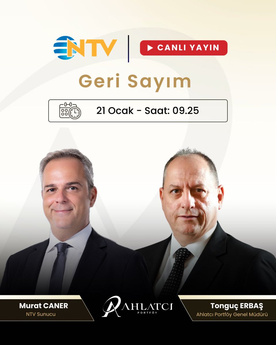 AhlatciPortfoy's tweet image. Ahlatcı Portföy Genel Müdürü Tonguç Erbaş, bugün saat 09.25'te NTV ekranlarında Murat Caner'in sunduğu "Geri Sayım" programına canlı yayın konuğu olarak katılacak.

@ntv @Tongucerbas 

#AhlatcıPortföy #Canlıyayın #NTV #EKONOMİ