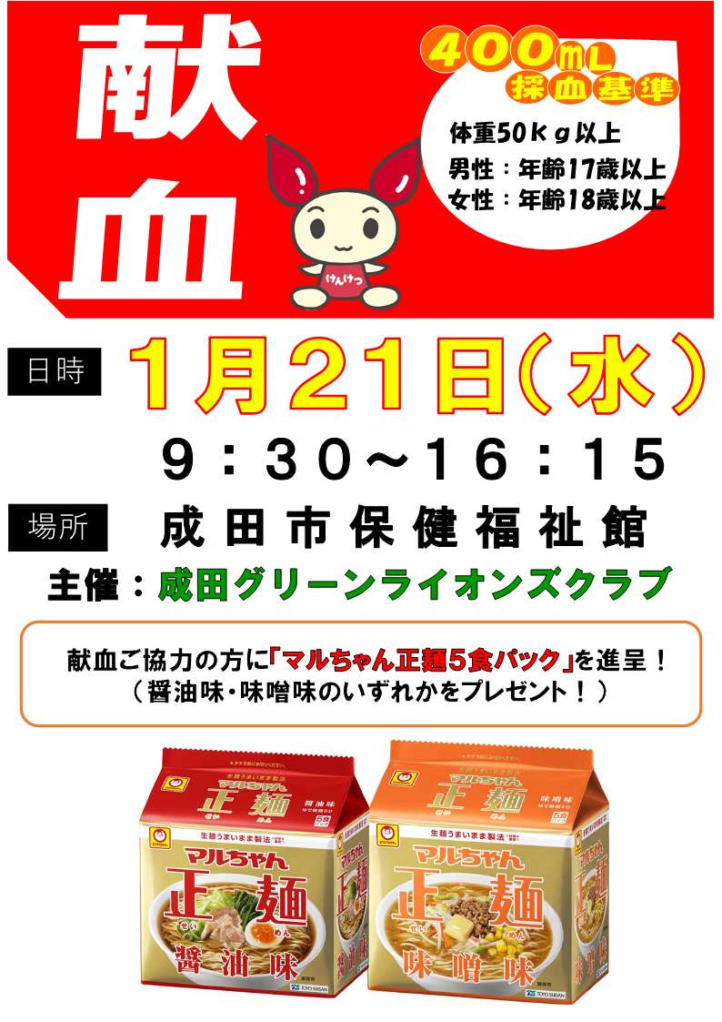 ／
献血のお知らせ！
＼
1/21（水）9：00～16：15、成田市保健福祉館にて献血を実施中です！

ご協力いただいた方には、マルちゃん正麺５食パックをプレゼント中です。
皆様のご協力をお願いします。

その他の献血予定はコチラ☞(千葉県赤十字血液センターHP)
bs.jrc.or.jp/ktks/chiba/ind…