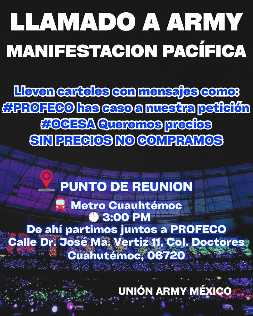 patyJMBTS's tweet image. MANIFESTACIÓN PACÍFICA 
MAÑANA...💜💜💜💜💜
#OcesaAnunciaPreciosBTS #OcesaArmyQuierePreciosyMapa