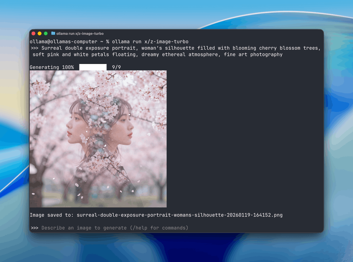 ollama's tweet image. Ollama is here with image generation! 

ollama run x/z-image-turbo

ollama run x/flux2-klein

In the latest release we've added experimental support for 
@Ali_TongyiLab  Z-image-turbo

@bfl_ml Flux.2 Klein! 

(macOS with Windows and Linux coming soon)

See examples 👇👇👇