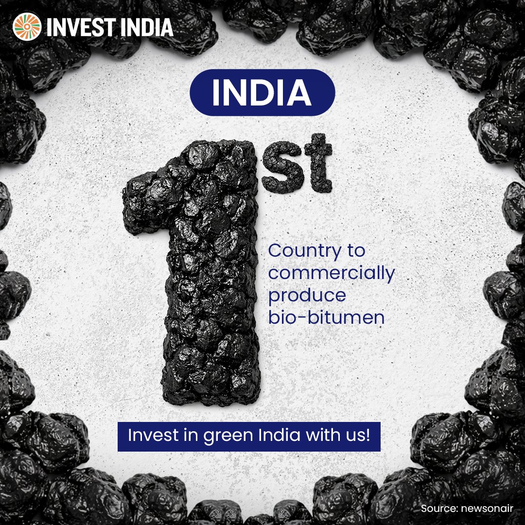 investindia's tweet image. Setting a global benchmark, India is transforming road construction through commercial #biobitumen production - a low-carbon innovation for a greener future.

Partner with India to #invest in a greener future: tinyurl.com/II-Construction

#InvestInIndia