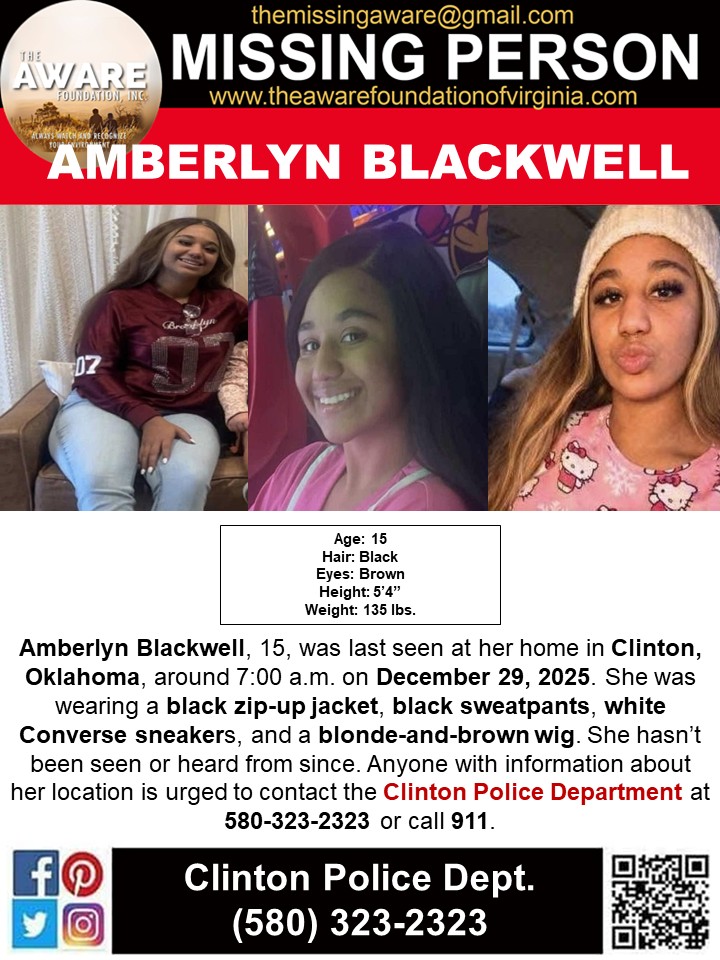 aware_the's tweet image. ***MISSING JUVENILE*** CLINTON, OK
Amberlyn Blackwell, 15, was last seen at her home in Clinton, Oklahoma, around 7:00 a.m. on December 29, 2025. She was wearing a black zip-up jacket, black sweatpants, white Converse sneakers, and a blonde-and-brown wig. She hasn’t been seen or…