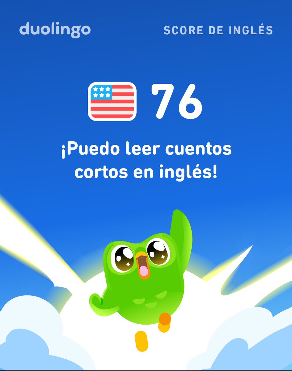 Giova19RJ's tweet photo. ¡Mi Score de inglés en Duolingo es de 76! https://t.co/5ogm9iIF9S
