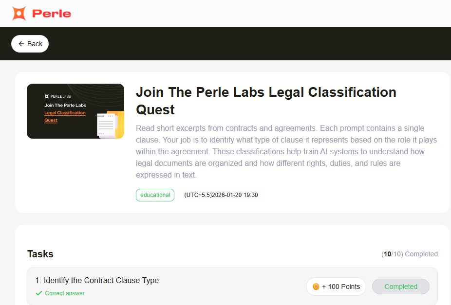 YuviNjd's tweet photo. 🔔 PerleLabs Update — Legal Classification Quest is Live @PerleLabs 

Reward: 1,000 Points

Attention badge hunters: If you haven’t earned the “Speed Demon” badge yet, this task should be a priority. The badge is granted to users who complete new tasks within 24 hours.

🧠 What you’ll do:
Read short excerpts from contracts and agreements.
Each prompt contains a single clause.
Your role is to classify the clause based on its function within the agreement.
This process helps train AI systems to better understand legal structure, obligations, and rights.

✍️ Important:
Each submission requires a small SOL fee, so keep some balance ready.

🔗 Get started here:
 https://t.co/NSYH3FEanM

Happy Earning.