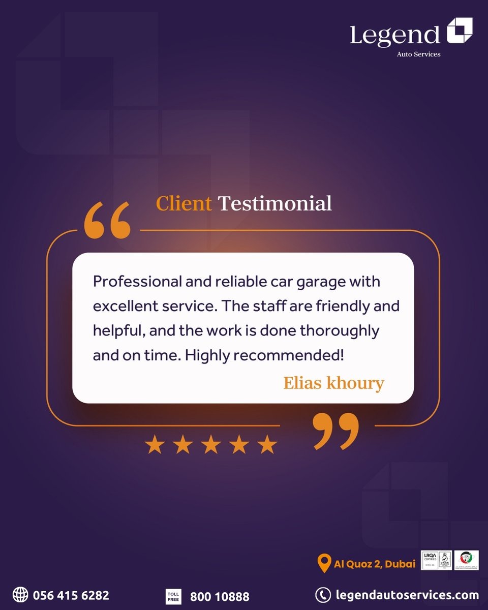 LegendWorldAuto's tweet photo. Customer trust is our biggest achievement ⭐⭐⭐⭐⭐
Professional service, friendly staff, and on-time delivery - that’s the Legend Auto Services promise.
Thank you Elias Khoury for your valuable feedback. Your trust drives us to deliver excellence every day.

📞 056 415 6282 https://t.co/0IF6maoBJo